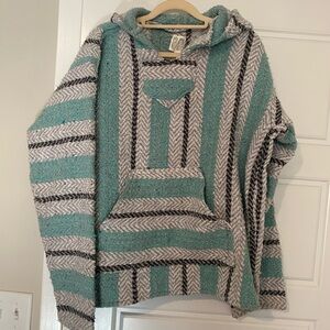 Earth Ragz Baja Poncho Mexican Striped Teal and Gray Women's Sweater